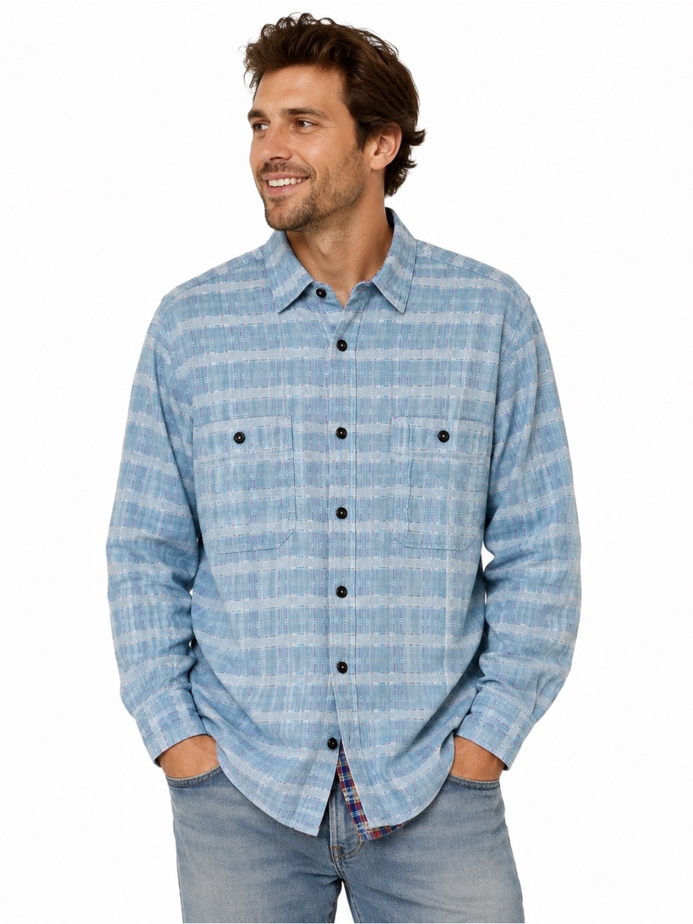 Carbon2Cobalt Men’s Medium Blue Plaid Textured Cotton Button Shirt